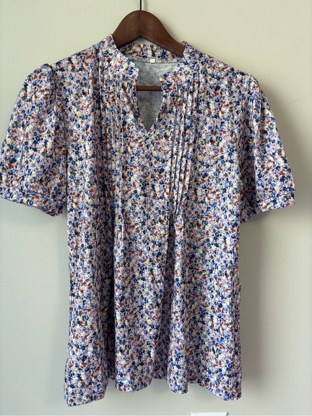 Floral Pintuck Short Sleeve Top - Blue Multi